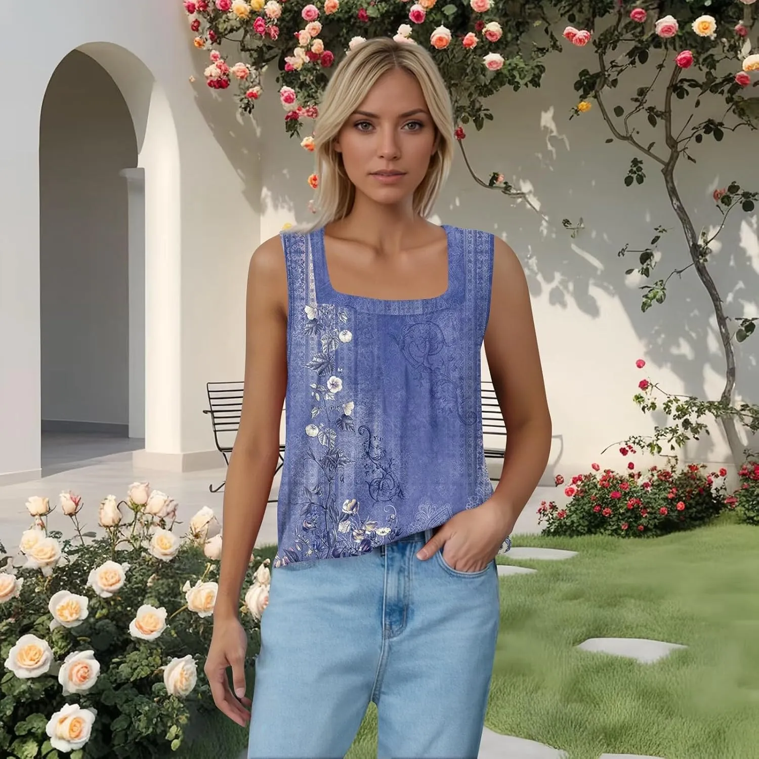 Womens Tank Tops Loose Fit Summer Casual Floral Print Pleated Square Neck Sleeveless Top Curved Hem Flowy Tanks