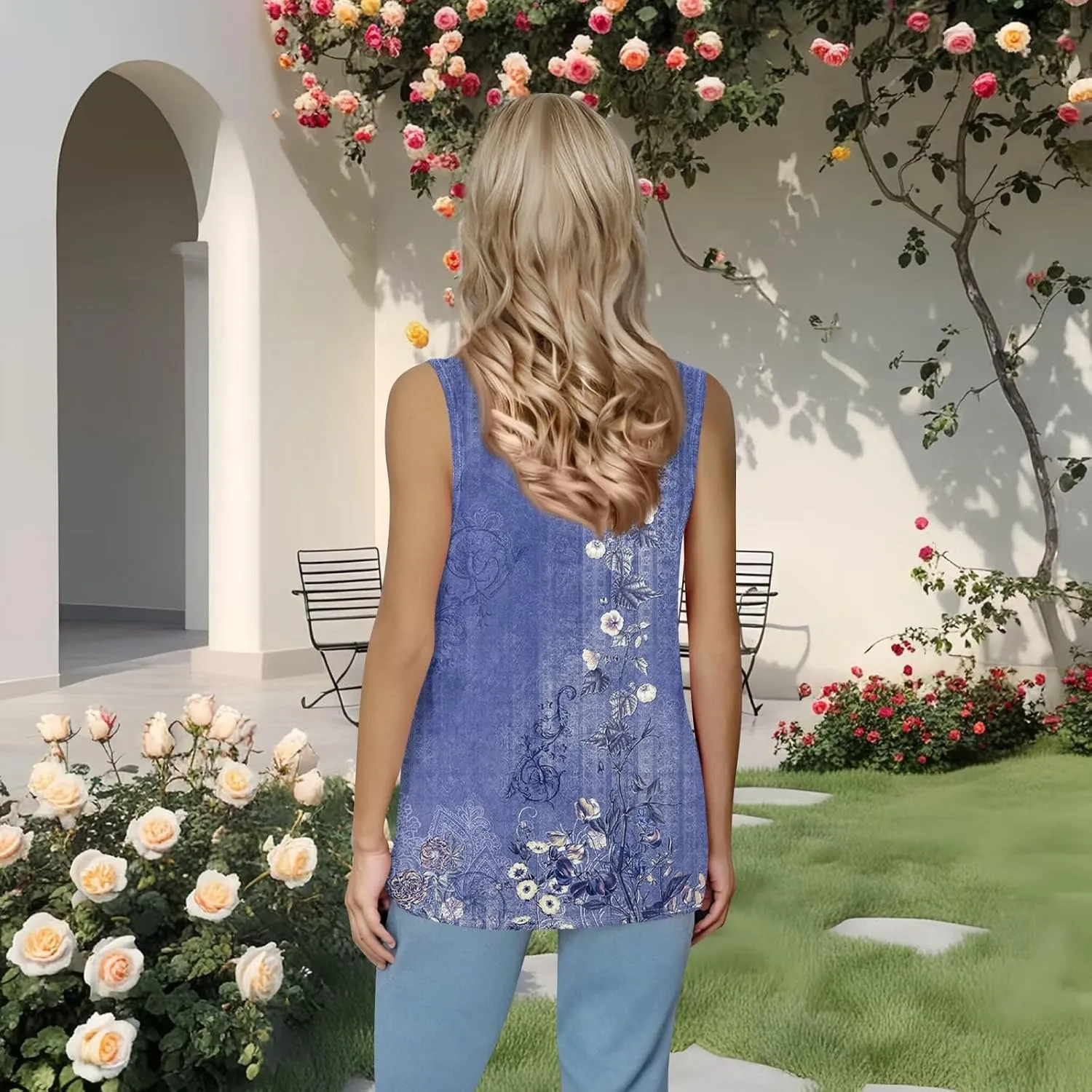 Womens Tank Tops Loose Fit Summer Casual Floral Print Pleated Square Neck Sleeveless Top Curved Hem Flowy Tanks