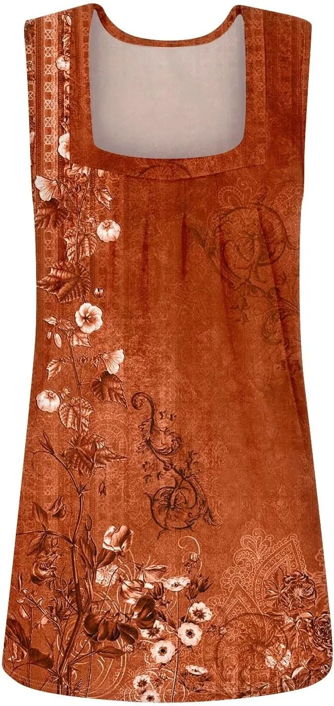 Womens Tank Tops Loose Fit Summer Casual Floral Print Pleated Square Neck Sleeveless Top Curved Hem Flowy Tanks