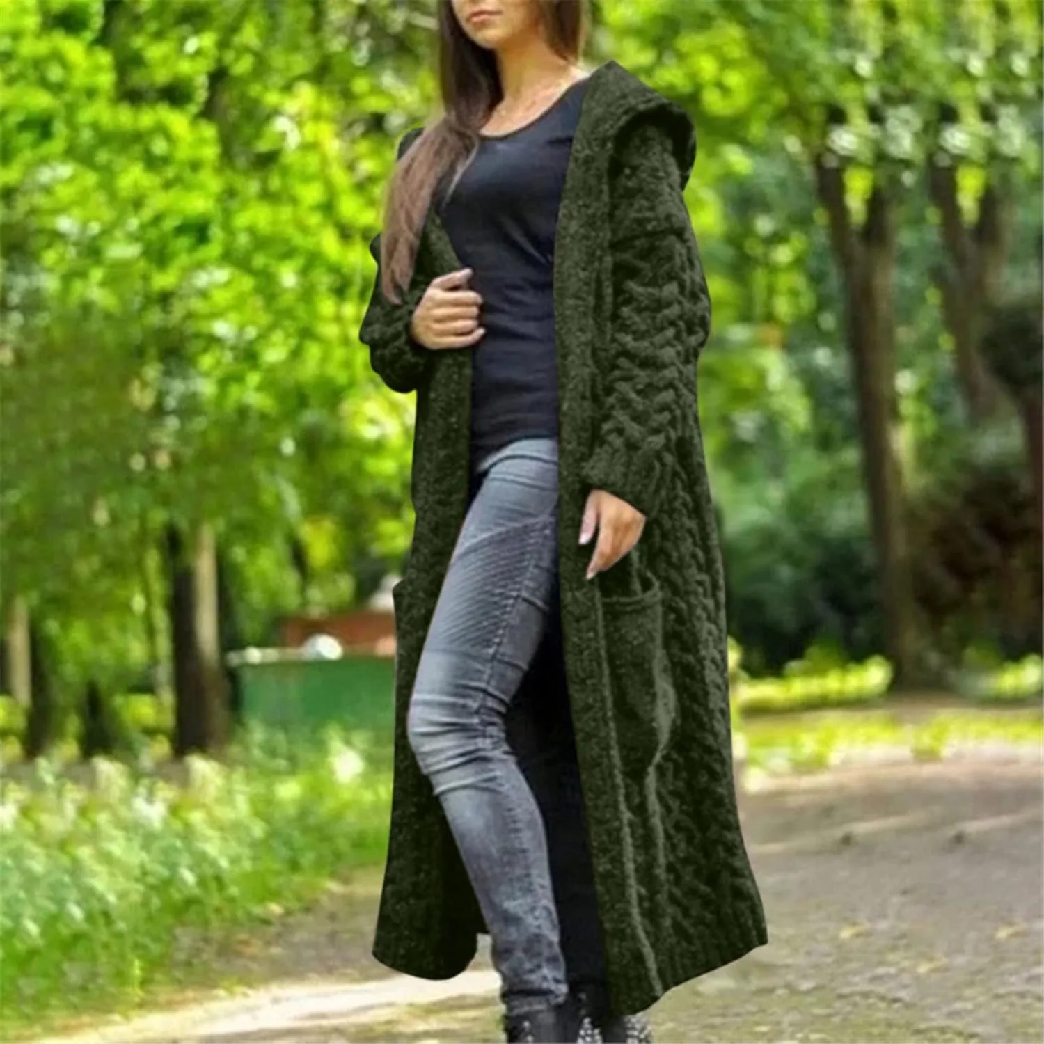 Women's Trench Coat Large Women Pocket Sweater Breasted Cardigan Hood Sleeves Women's Coat Woman Coat Wool Coats for