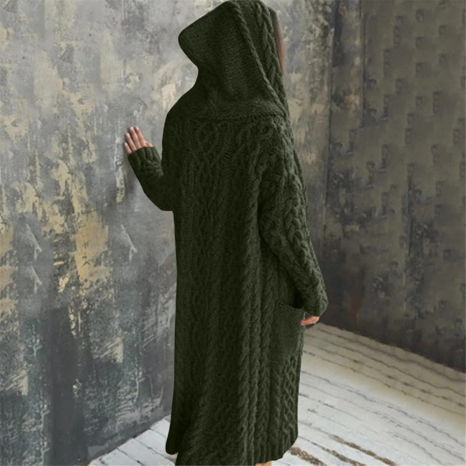 Women's Trench Coat Large Women Pocket Sweater Breasted Cardigan Hood Sleeves Women's Coat Woman Coat Wool Coats for