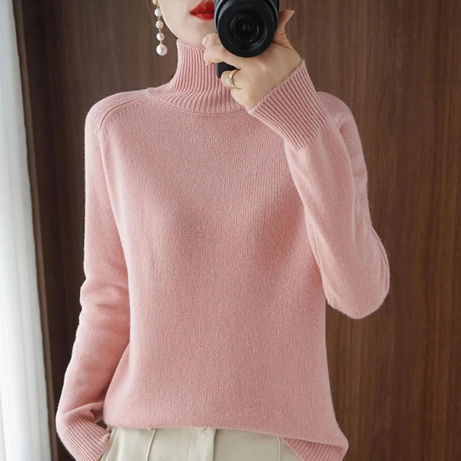 Womens Turtleneck Ribbed Knit Sweater Fall Warm Lightweight Trendy Jumpers Long Sleeve Loose Fit Casual Pullover Tops