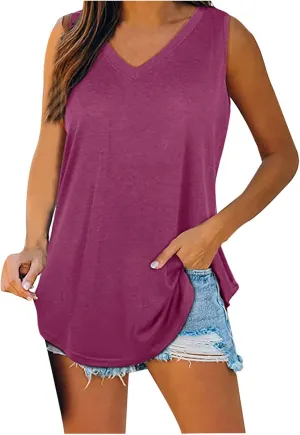 Womens V Neck Tank Tops Summer Sleeveless Curved Hem Casual Loose Fit Flowy Tees Blouses Fashion Solid T-Shirts