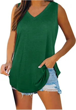 Womens V Neck Tank Tops Summer Sleeveless Curved Hem Casual Loose Fit Flowy Tees Blouses Fashion Solid T-Shirts