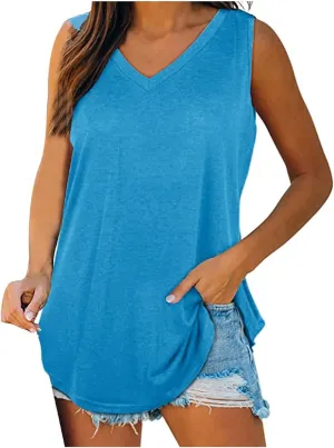 Womens V Neck Tank Tops Summer Sleeveless Curved Hem Casual Loose Fit Flowy Tees Blouses Fashion Solid T-Shirts