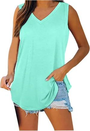 Womens V Neck Tank Tops Summer Sleeveless Curved Hem Casual Loose Fit Flowy Tees Blouses Fashion Solid T-Shirts