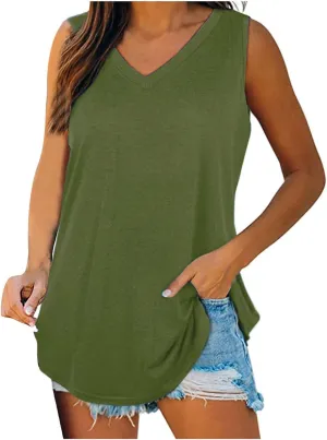 Womens V Neck Tank Tops Summer Sleeveless Curved Hem Casual Loose Fit Flowy Tees Blouses Fashion Solid T-Shirts
