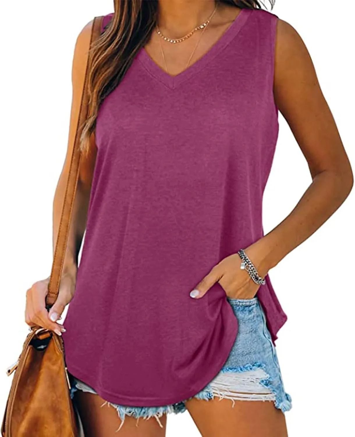 Womens V Neck Tank Tops Summer Sleeveless Curved Hem Casual Loose Fit Flowy Tees Blouses Fashion Solid T-Shirts