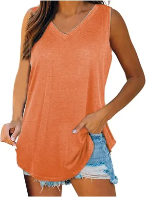 Womens V Neck Tank Tops Summer Sleeveless Curved Hem Casual Loose Fit Flowy Tees Blouses Fashion Solid T-Shirts