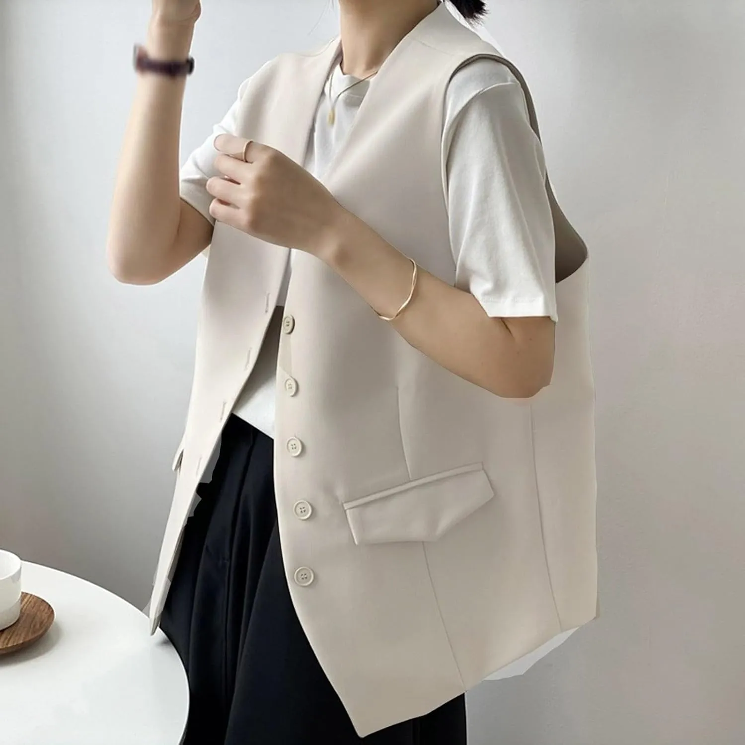 Womens Vest Blazers Solid Buttons Sleeveless Waistcoat Tops Blazer Suit Coat Petite Blazer Dressy Casual