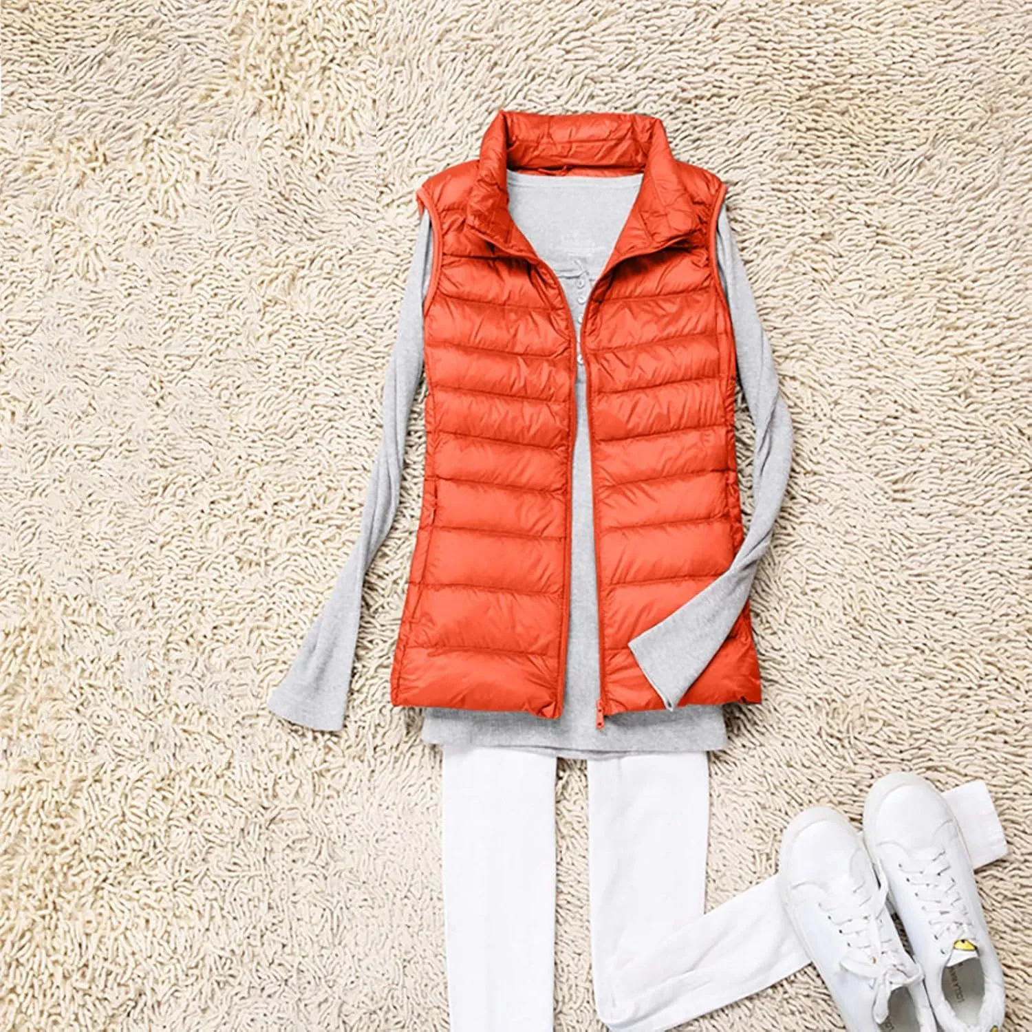 Womens Vests Outerwear Lightweight Casual Sleeveless Collar Quilted Down Jackets Fashion Classic-Fit Zip Padded Puffer Vest