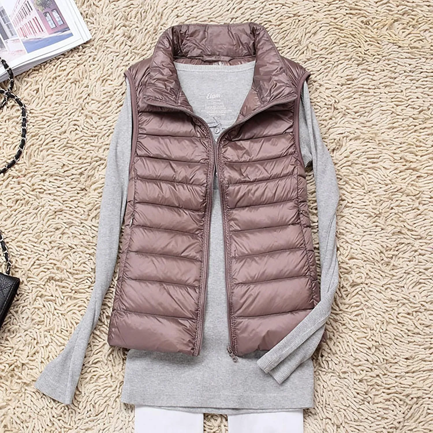 Womens Vests Outerwear Lightweight Casual Sleeveless Collar Quilted Down Jackets Fashion Classic-Fit Zip Padded Puffer Vest