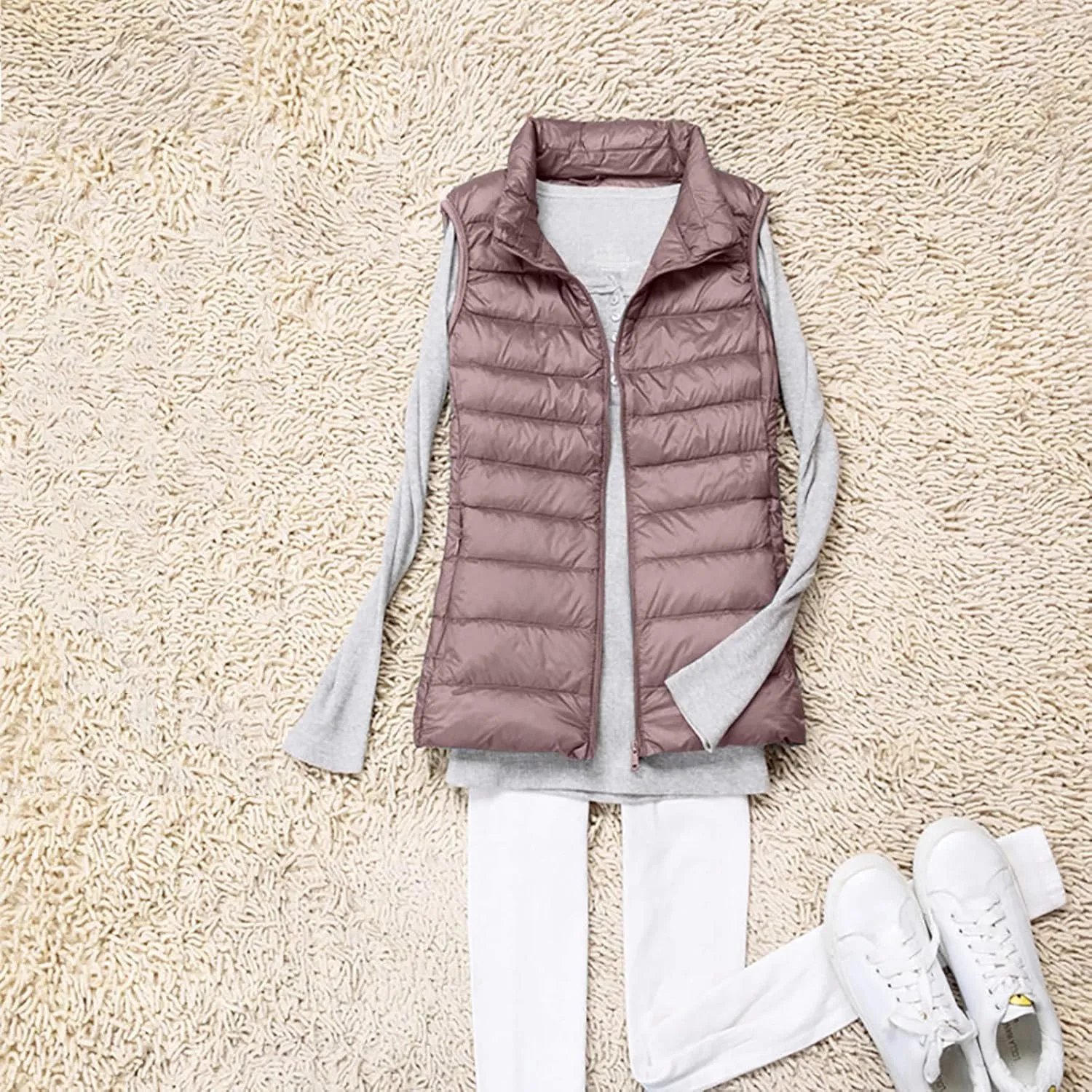 Womens Vests Outerwear Lightweight Casual Sleeveless Collar Quilted Down Jackets Fashion Classic-Fit Zip Padded Puffer Vest