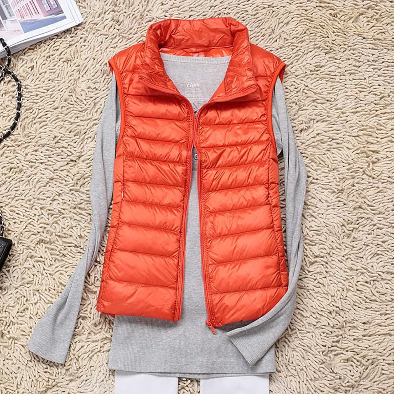 Womens Vests Outerwear Lightweight Casual Sleeveless Collar Quilted Down Jackets Fashion Classic-Fit Zip Padded Puffer Vest