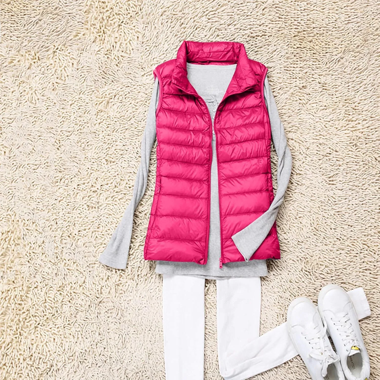 Womens Vests Outerwear Lightweight Casual Sleeveless Collar Quilted Down Jackets Fashion Classic-Fit Zip Padded Puffer Vest