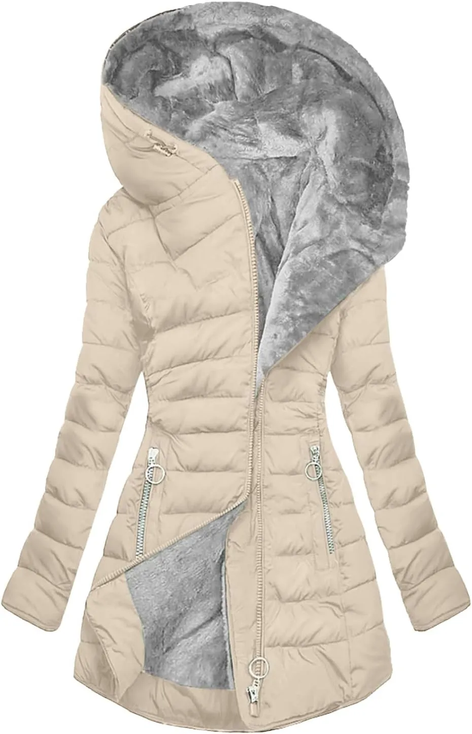 Women's Warm Winter Coat Thickened Fleece Sherpa Lined Parka Jacket Mid Length Zipper Puffer Down with Fur Hood