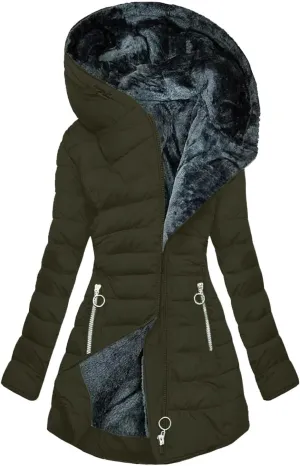 Women's Warm Winter Coat Thickened Fleece Sherpa Lined Parka Jacket Mid Length Zipper Puffer Down with Fur Hood