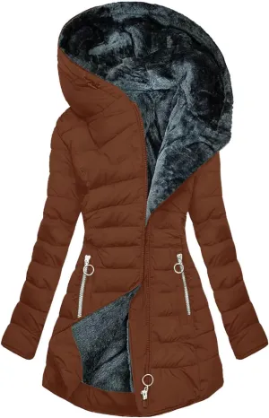 Women's Warm Winter Coat Thickened Fleece Sherpa Lined Parka Jacket Mid Length Zipper Puffer Down with Fur Hood