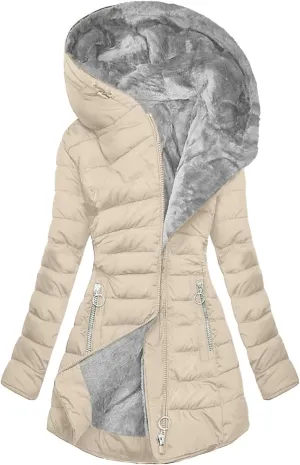 Women's Warm Winter Coat Thickened Fleece Sherpa Lined Parka Jacket Mid Length Zipper Puffer Down with Fur Hood