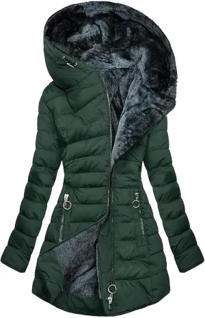 Women's Warm Winter Coat Thickened Fleece Sherpa Lined Parka Jacket Mid Length Zipper Puffer Down with Fur Hood