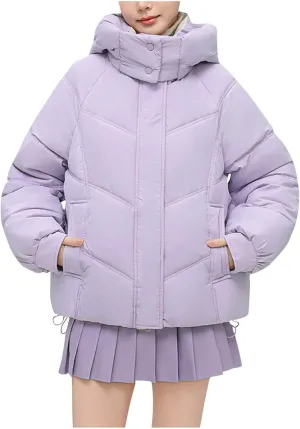 Womens Winter Coats Long Sleeve Puffer Jackets Stand Collar Down Coats Thicken Baggy Short Warm Coats with Pockets