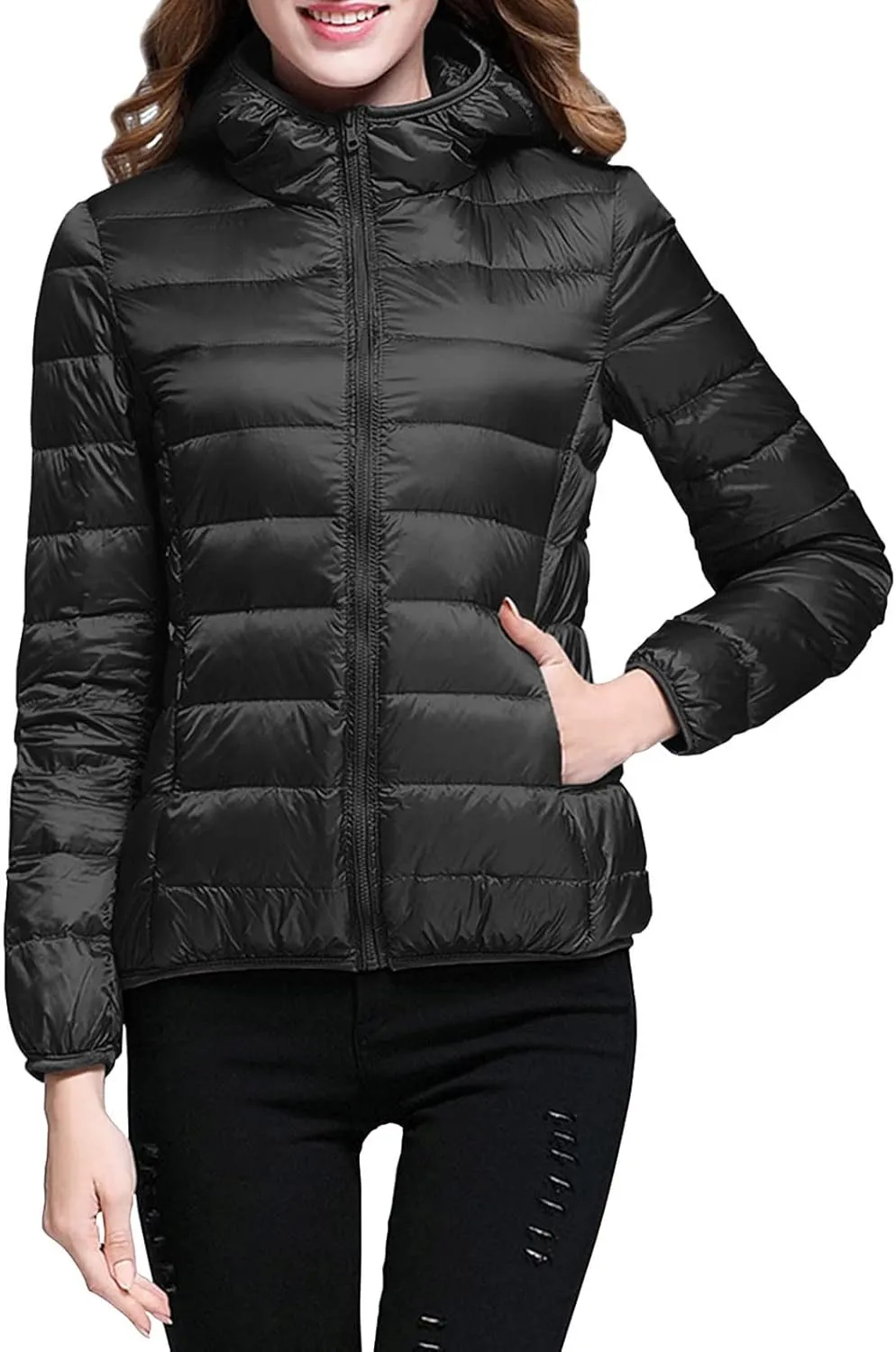 Womens Winter Quilted Jacket Slim Fit Short Down Jacket Cropped Warm Zip Puffer Coat Hooded Padded Puffer Coat