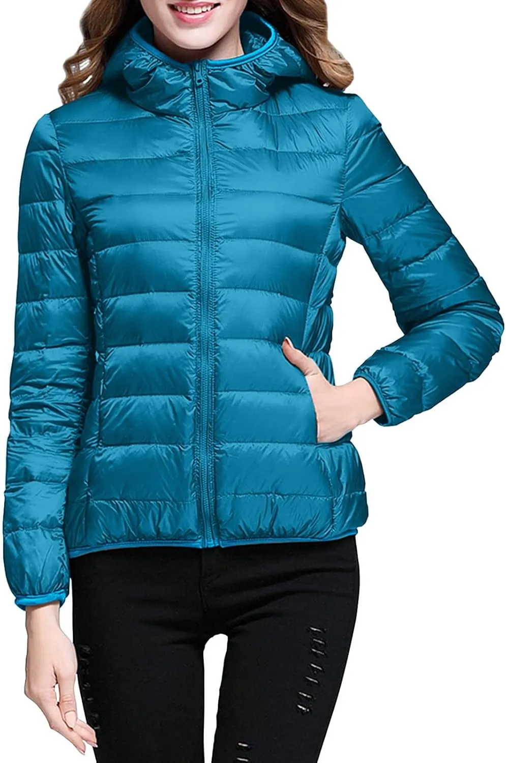 Womens Winter Quilted Jacket Slim Fit Short Down Jacket Cropped Warm Zip Puffer Coat Hooded Padded Puffer Coat
