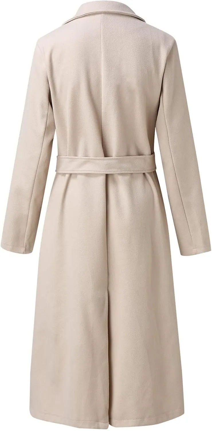 Womens Winter Trench Coats Elegant Long Length Slim Fit Coats Open Front Belt Overcoat Long Lapel Collar Pea Coat