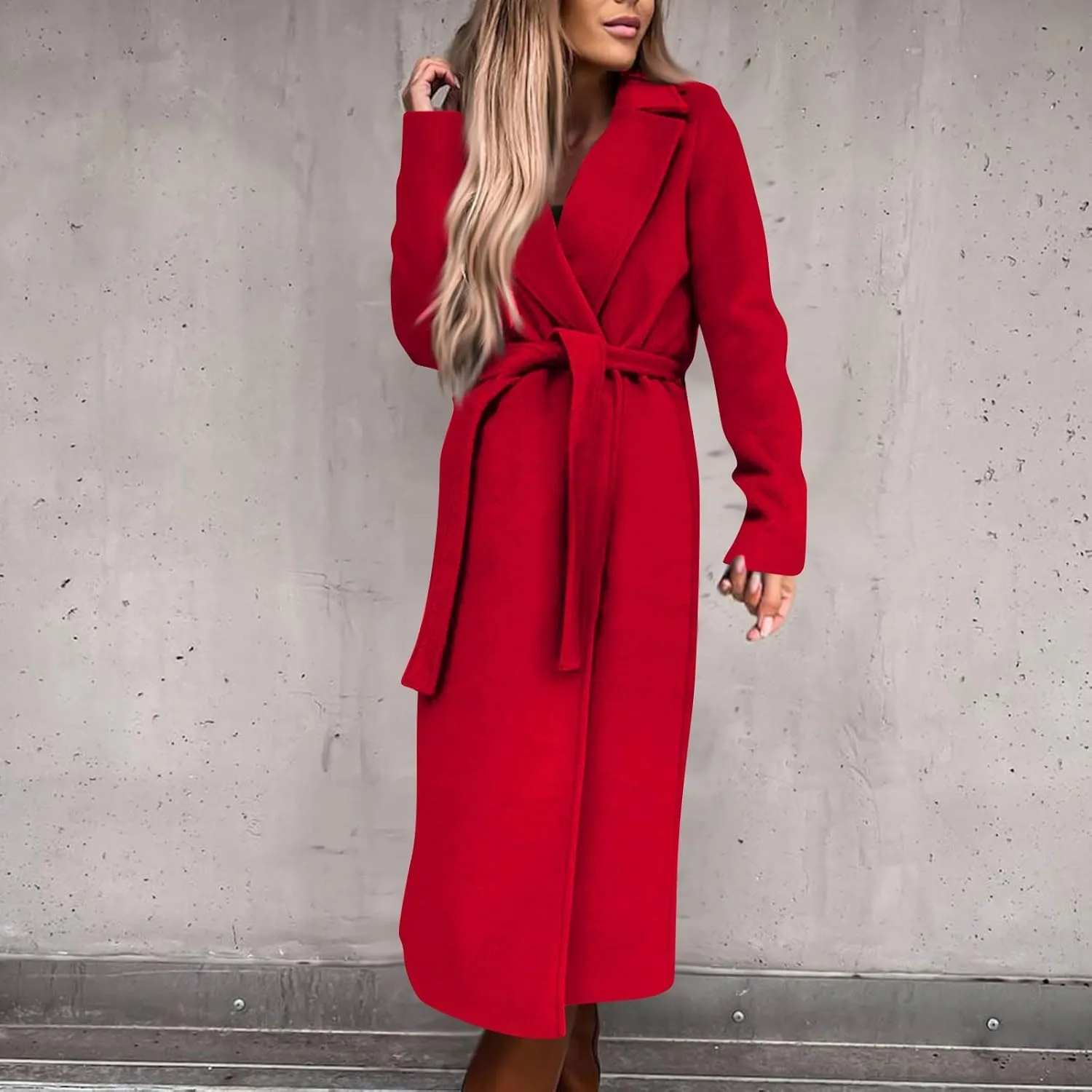 Womens Winter Trench Coats Elegant Long Length Slim Fit Coats Open Front Belt Overcoat Long Lapel Collar Pea Coat