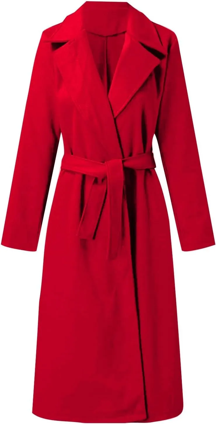 Womens Winter Trench Coats Elegant Long Length Slim Fit Coats Open Front Belt Overcoat Long Lapel Collar Pea Coat