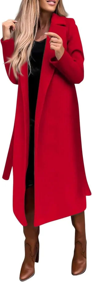 Womens Winter Trench Coats Elegant Long Length Slim Fit Coats Open Front Belt Overcoat Long Lapel Collar Pea Coat