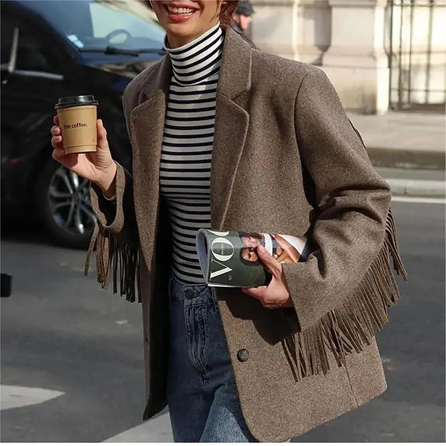 Women's Wool Blazer Suit Jacket Trendy Fall Winter Wool Blend Blazers Lapel Tassels Office Work Peacoat