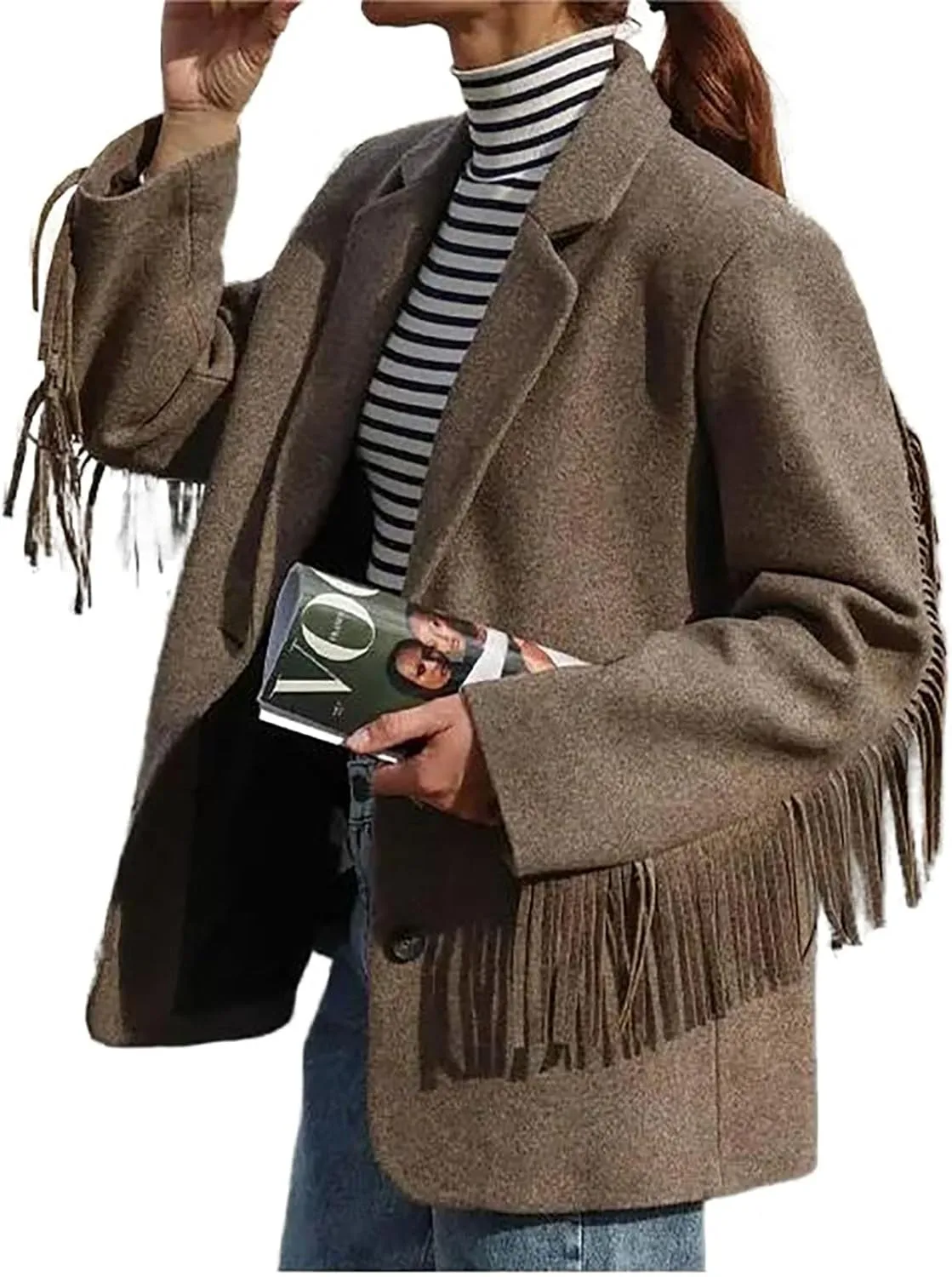 Women's Wool Blazer Suit Jacket Trendy Fall Winter Wool Blend Blazers Lapel Tassels Office Work Peacoat