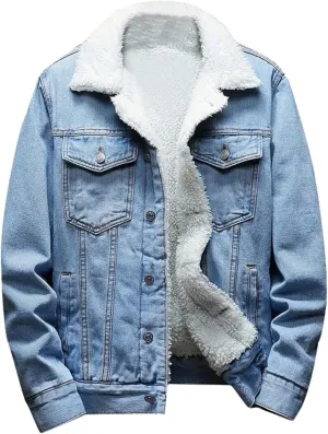 WUAI-Men Fleece Vintage Jean Jackets Sherpa Lined Denim Trucker Jackets Winter Warm Faux Fur Collar Cowboy Coat