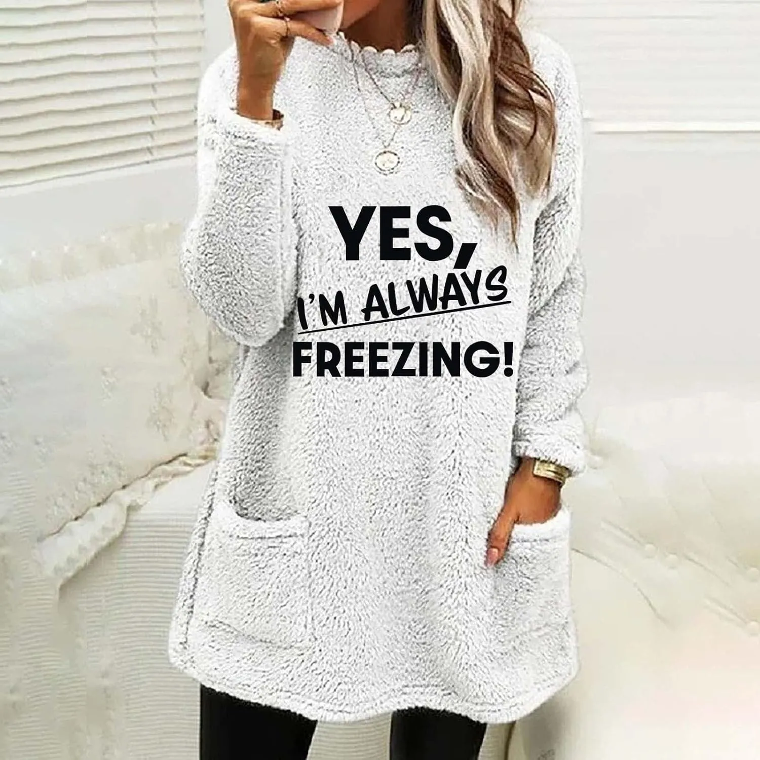 Yes I'm Always Freezing Fleece Top Women Mid Length Crewneck Long Sleeve Fuzzy Pullover Winter Warm Pocket Sweatshirt