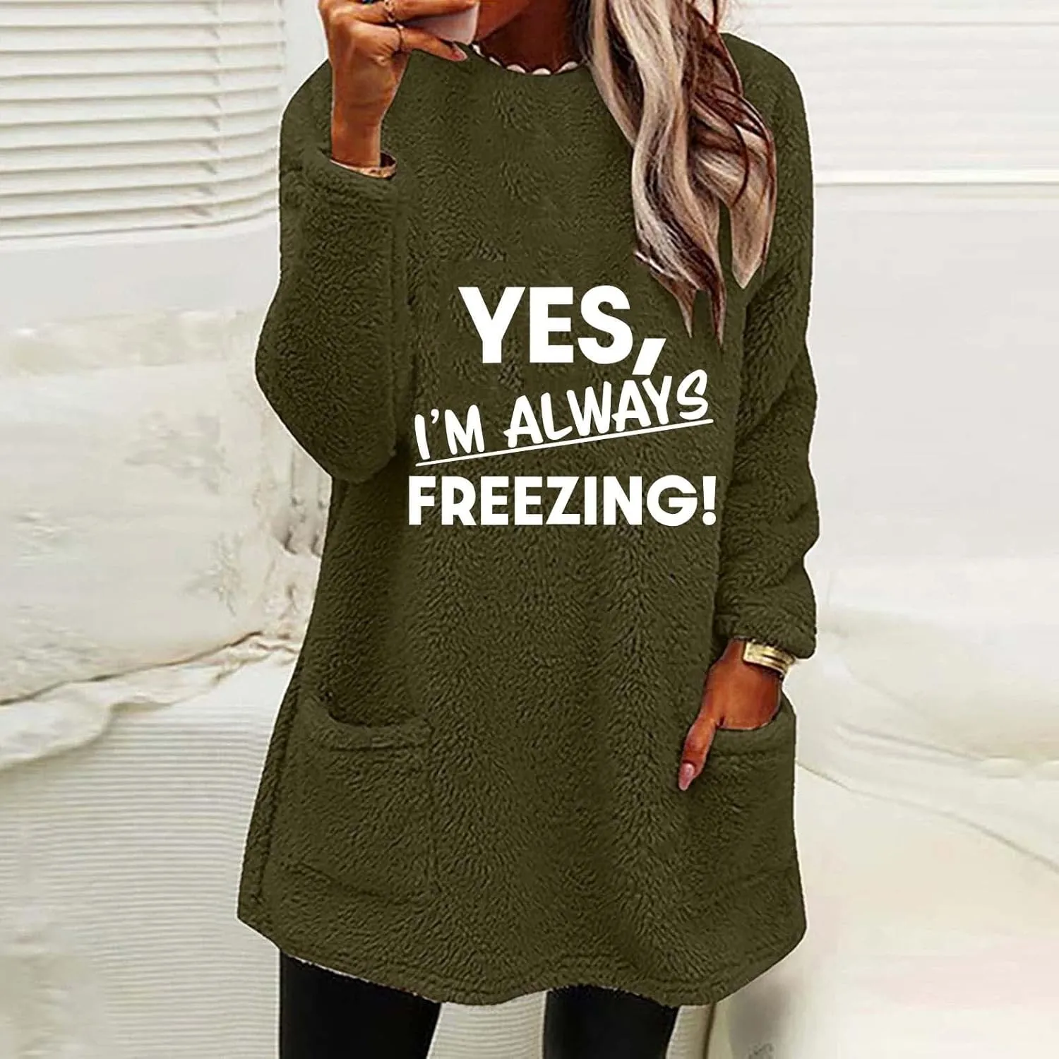 Yes I'm Always Freezing Fleece Top Women Mid Length Crewneck Long Sleeve Fuzzy Pullover Winter Warm Pocket Sweatshirt