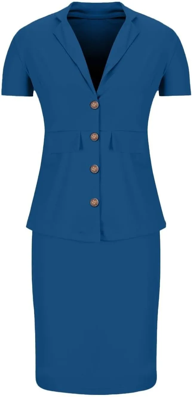 ZEFOTIM Skirt Suit Set for Women Classy Blazer Solid Color Business Short Sleeve 2 Piece Jacket with Pocket