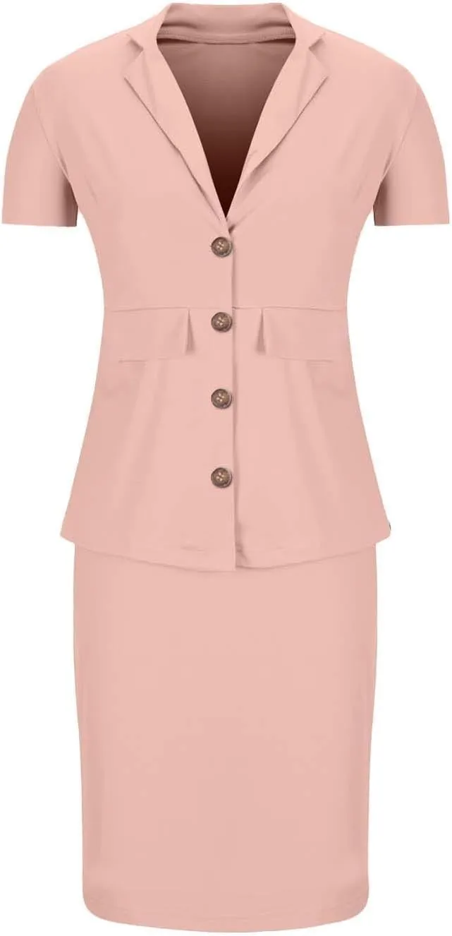 ZEFOTIM Skirt Suit Set for Women Classy Blazer Solid Color Business Short Sleeve 2 Piece Jacket with Pocket