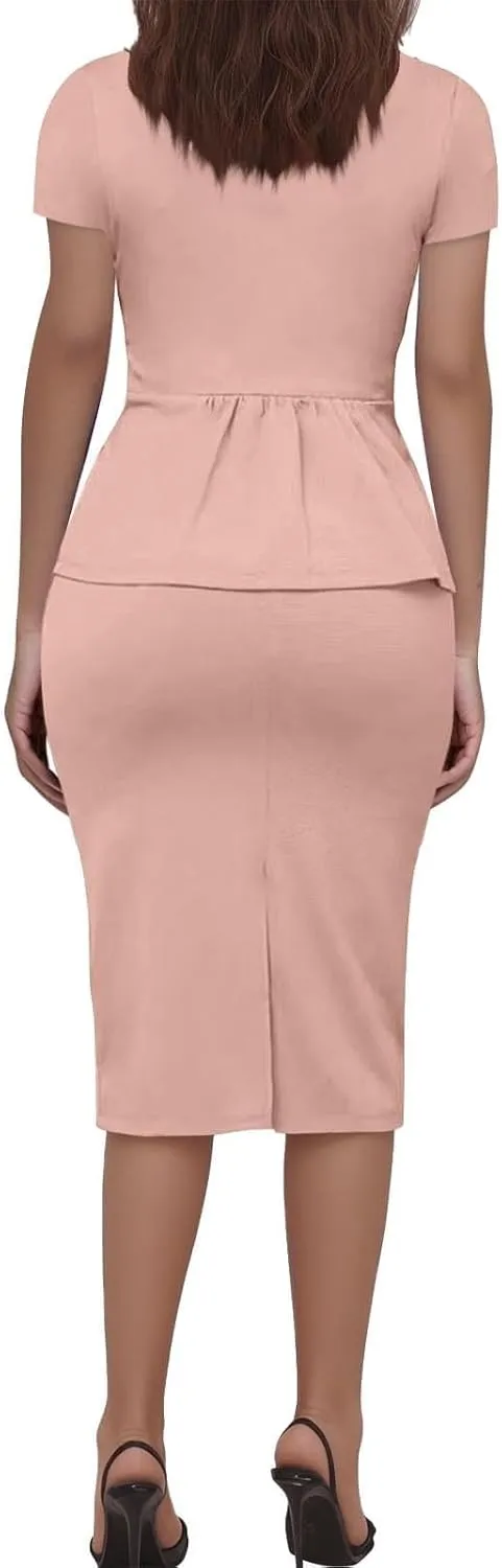 ZEFOTIM Skirt Suit Set for Women Classy Blazer Solid Color Business Short Sleeve 2 Piece Jacket with Pocket