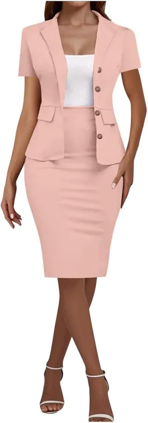 ZEFOTIM Skirt Suit Set for Women Classy Blazer Solid Color Business Short Sleeve 2 Piece Jacket with Pocket