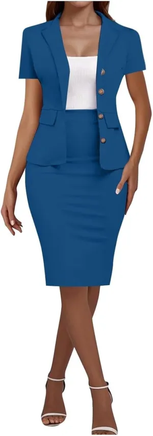 ZEFOTIM Skirt Suit Set for Women Classy Blazer Solid Color Business Short Sleeve 2 Piece Jacket with Pocket