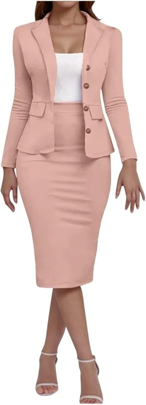 ZEFOTIM Skirt Suit Set for Women Petite Blazer Solid Color Curvy Long Sleeve Two Piece Jacket with Pocket