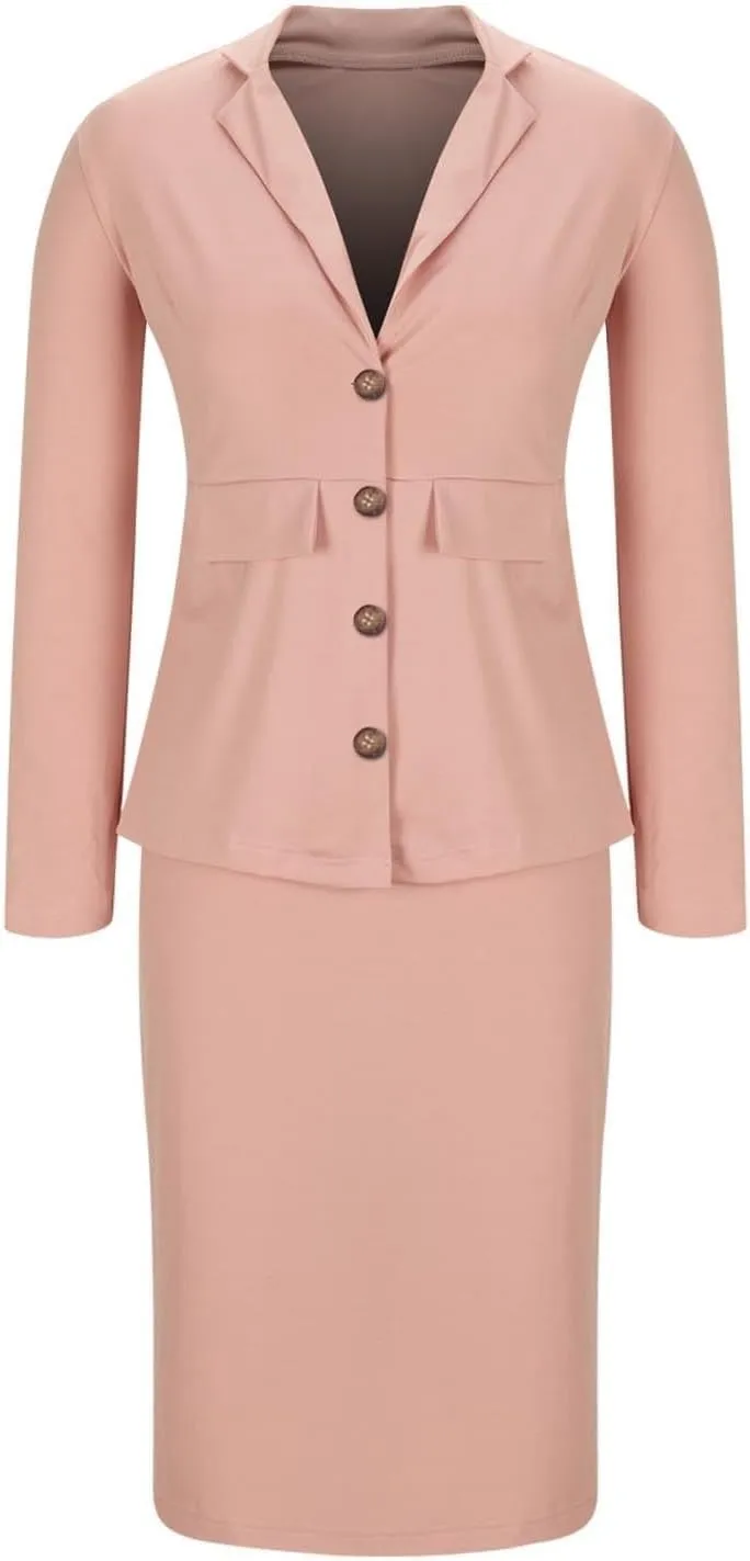 ZEFOTIM Skirt Suit Set for Women Petite Blazer Solid Color Curvy Long Sleeve Two Piece Jacket with Pocket