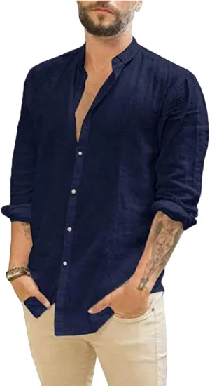 ZWRXW Mens Cotton Linen Shirts Long Sleeve Casual Buttons Down Solid Plain Roll-Up Sleeve Summer Beach Shirts