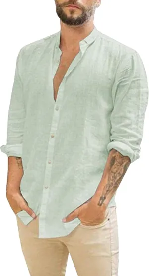 ZWRXW Mens Cotton Linen Shirts Long Sleeve Casual Buttons Down Solid Plain Roll-Up Sleeve Summer Beach Shirts